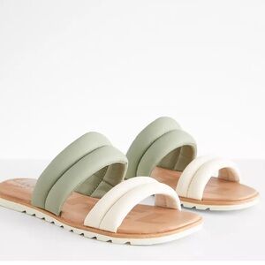 Sorel Women's Ella II Puff Slide Sandals in Sage Green + Off White, Size 9